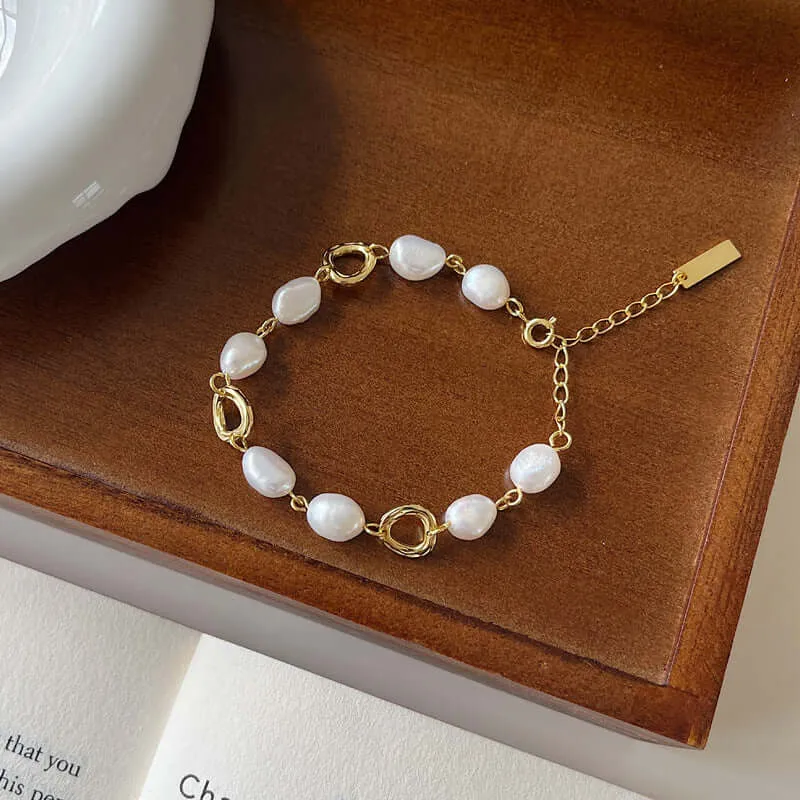 925 Silver Natural Irregular Pearl Circle Bracelet