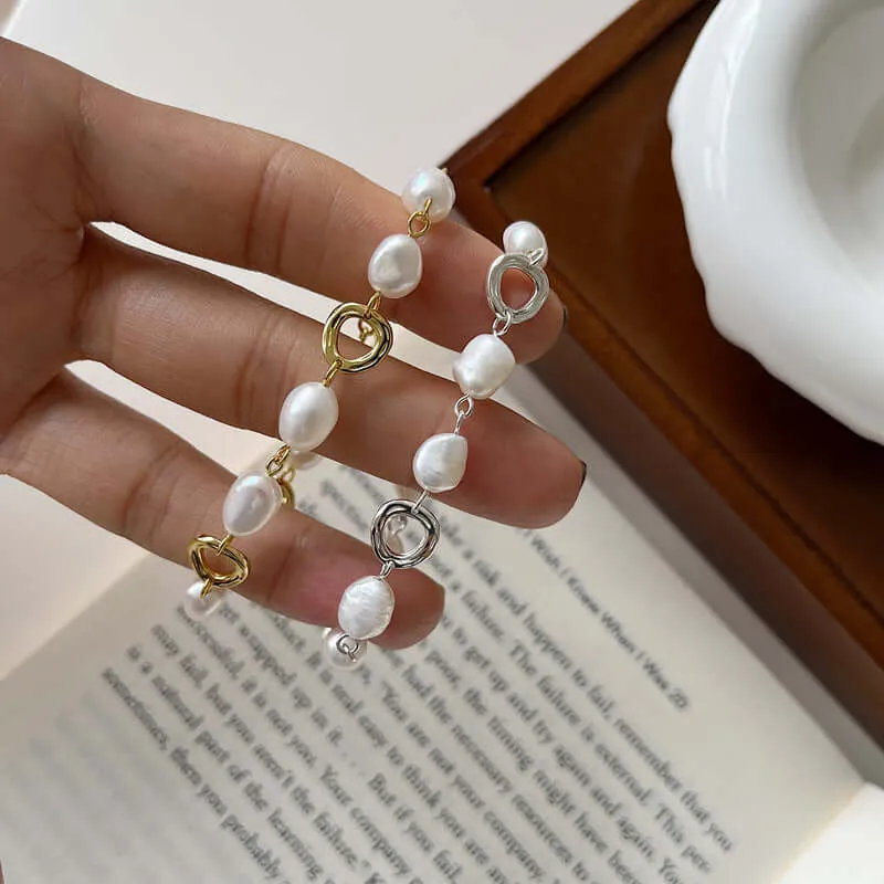 925 Silver Natural Irregular Pearl Circle Bracelet