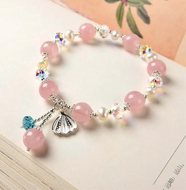 925 Silver Natural Rose Quartz Pearl Silver Shell Bracelet