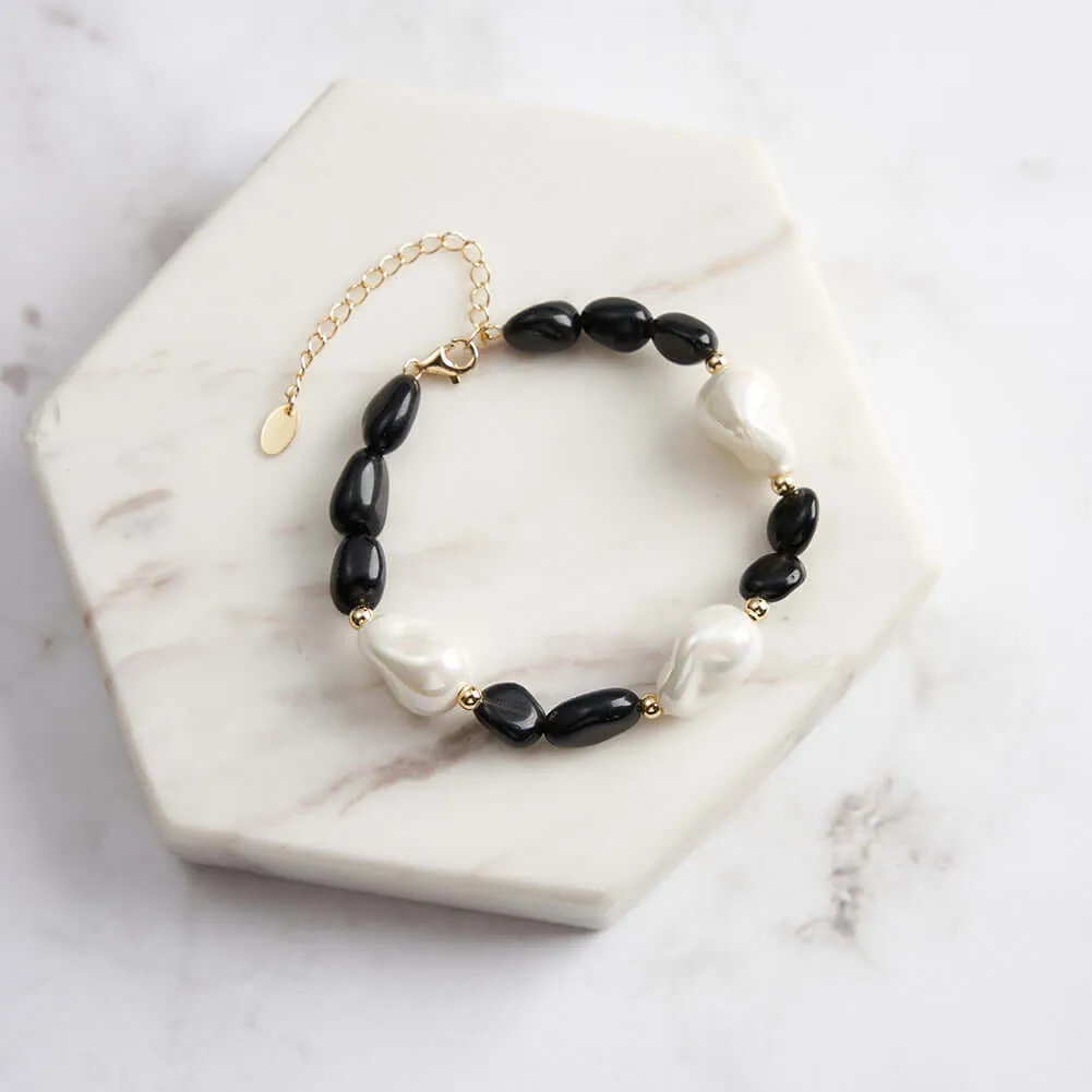 925 Silver Obsidian Baroque Pearl Bracelet