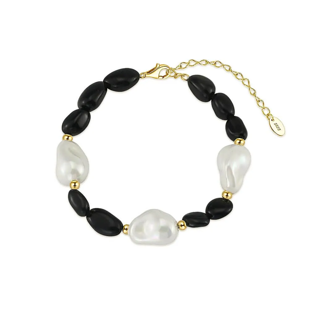 925 Silver Obsidian Baroque Pearl Bracelet