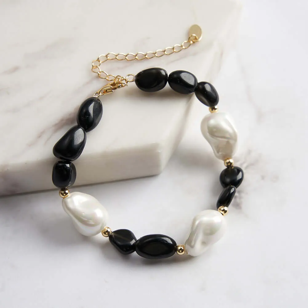 925 Silver Obsidian Baroque Pearl Bracelet