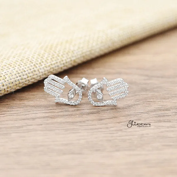 925 Sterling Silver CZ Paved Hamas Hand Stud Earrings