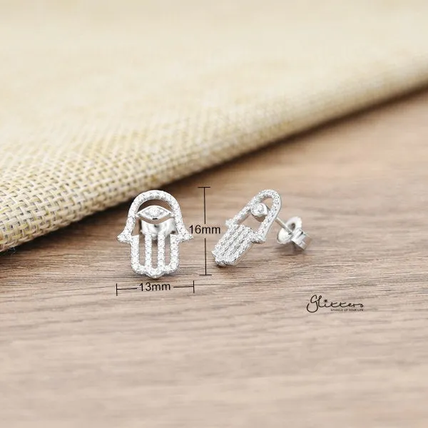 925 Sterling Silver CZ Paved Hamas Hand Stud Earrings