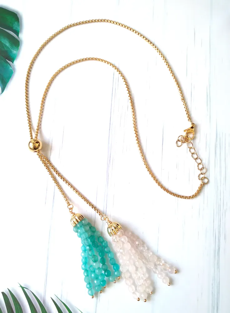 Amazonite and White Quartz Tassels Slider Necklace