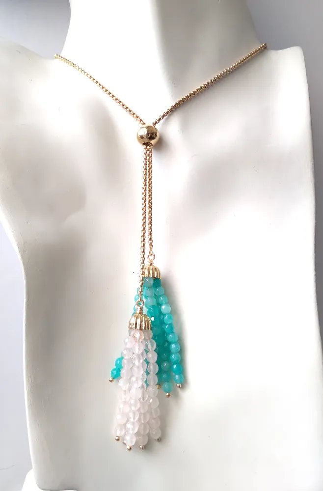 Amazonite and White Quartz Tassels Slider Necklace