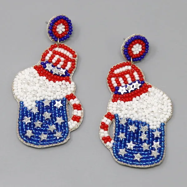 American Flag Beer Mug Seed Beaded Earrings