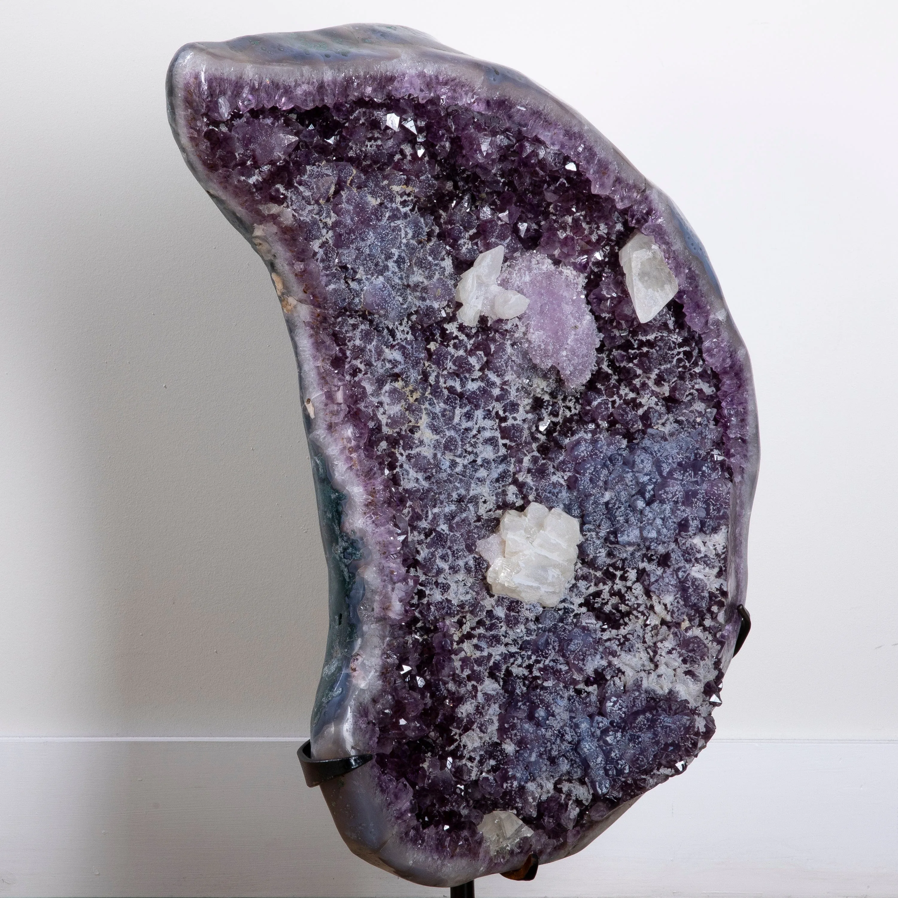 Amethyst Geode (Naturally formed Moon) with Calcite on Custom Stand- 30 / 90lbs