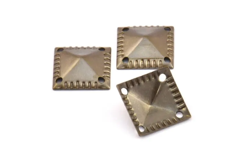 Antique Brass Pyramid, 20 Antique Brass Square Pyramid With 4 Holes Connectors, Charms, Pendant,findings (13mm) K125