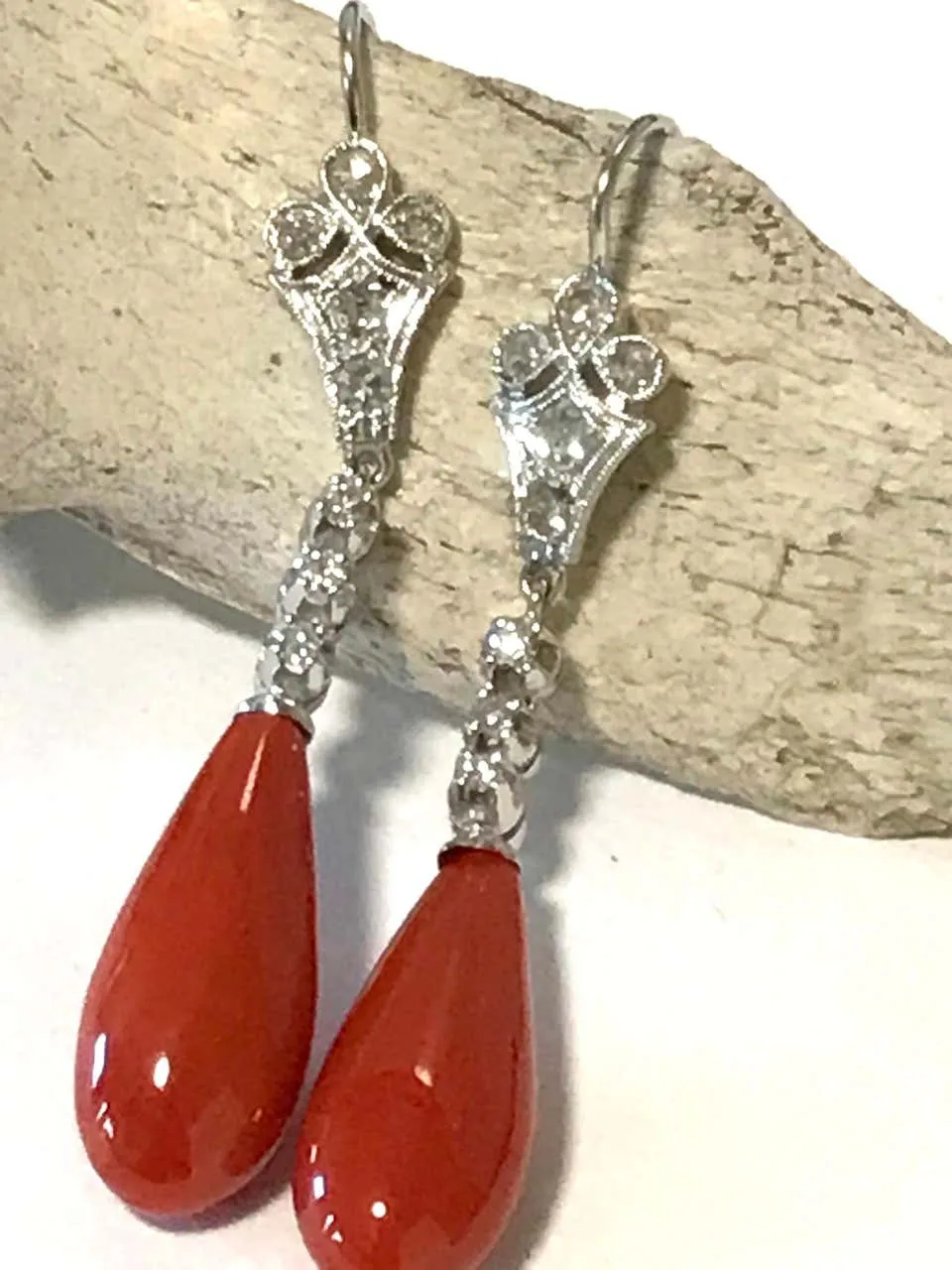 Art Deco Platinum Coral and Diamond Drop Earrings