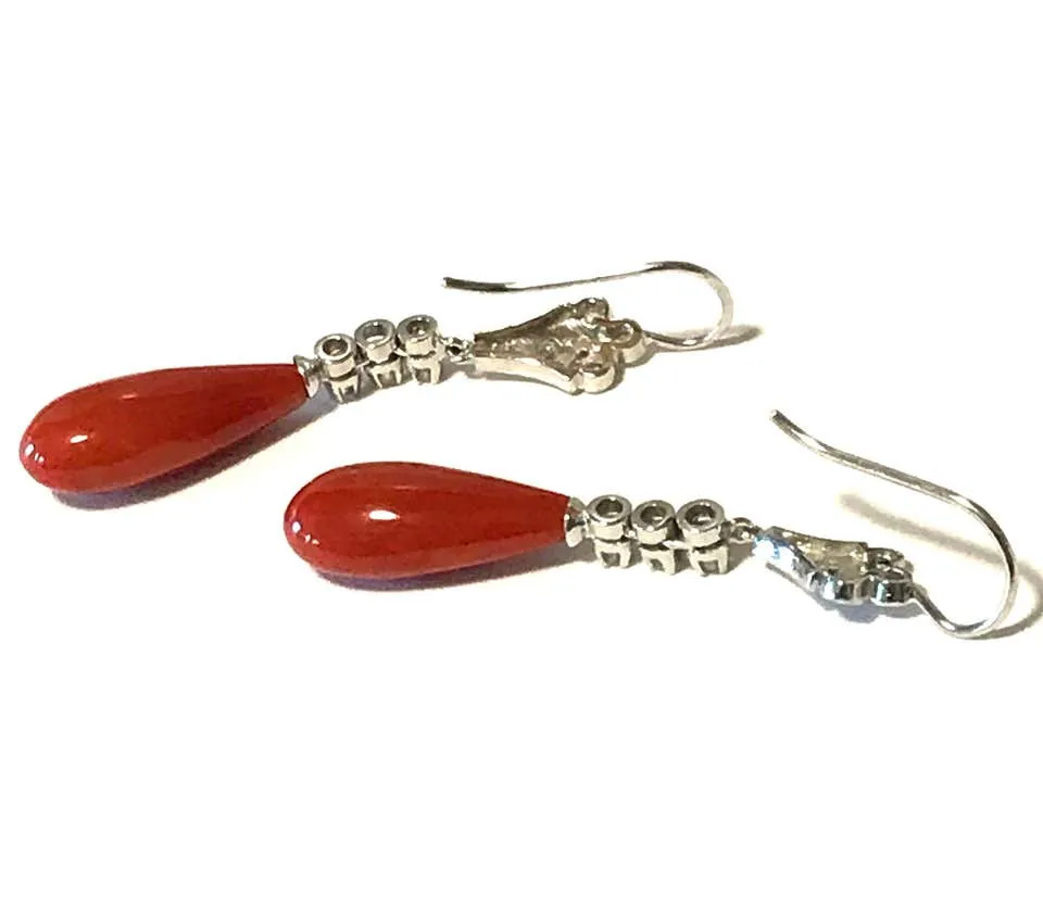 Art Deco Platinum Coral and Diamond Drop Earrings