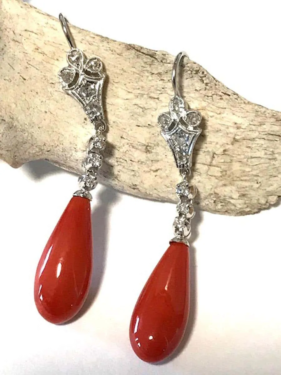 Art Deco Platinum Coral and Diamond Drop Earrings