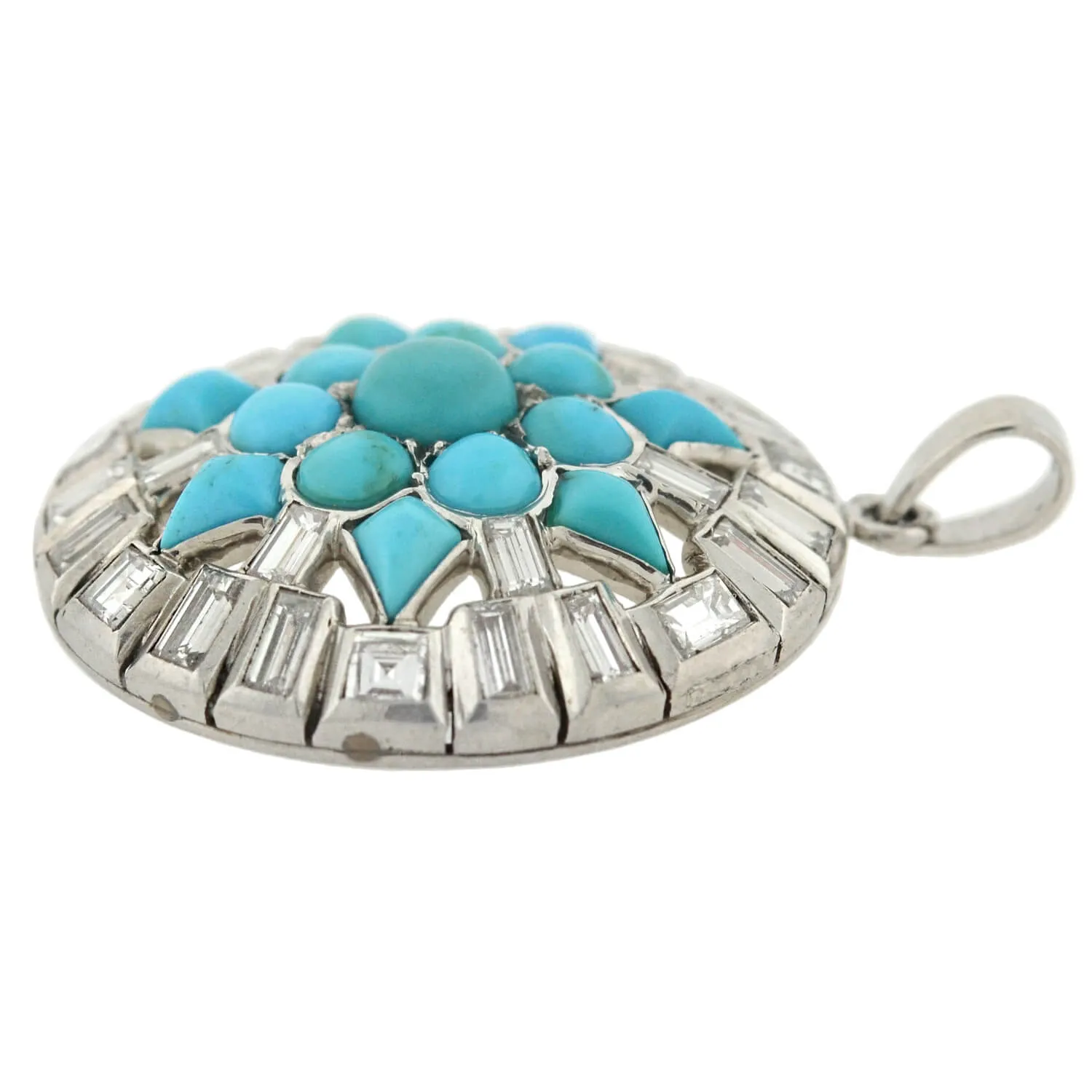 Art Deco Platinum Turquoise   Diamond Starburst Pendant 3.00ctw