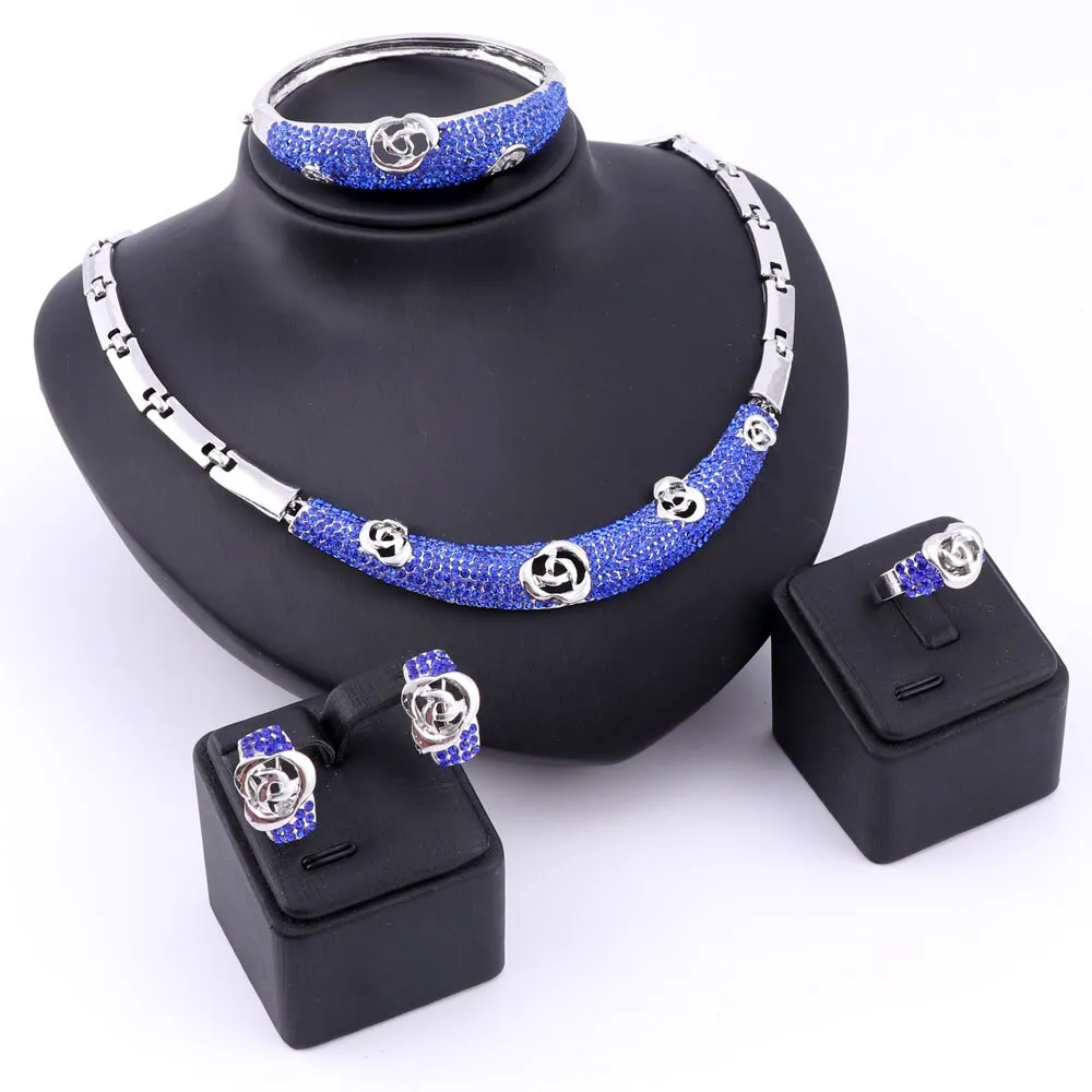 Austrian Blue Crystal Necklace, Bracelet, Earrings & Ring Wedding Statement Jewelry Set