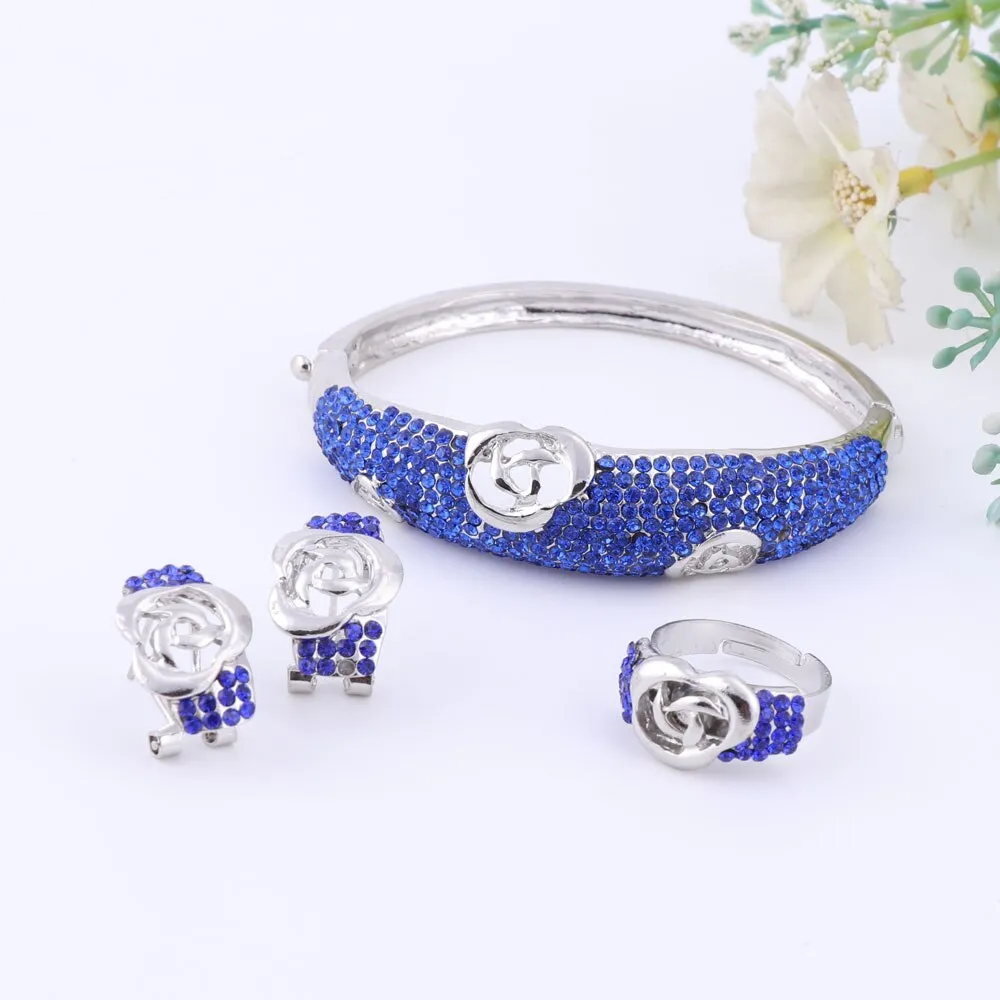 Austrian Blue Crystal Necklace, Bracelet, Earrings & Ring Wedding Statement Jewelry Set