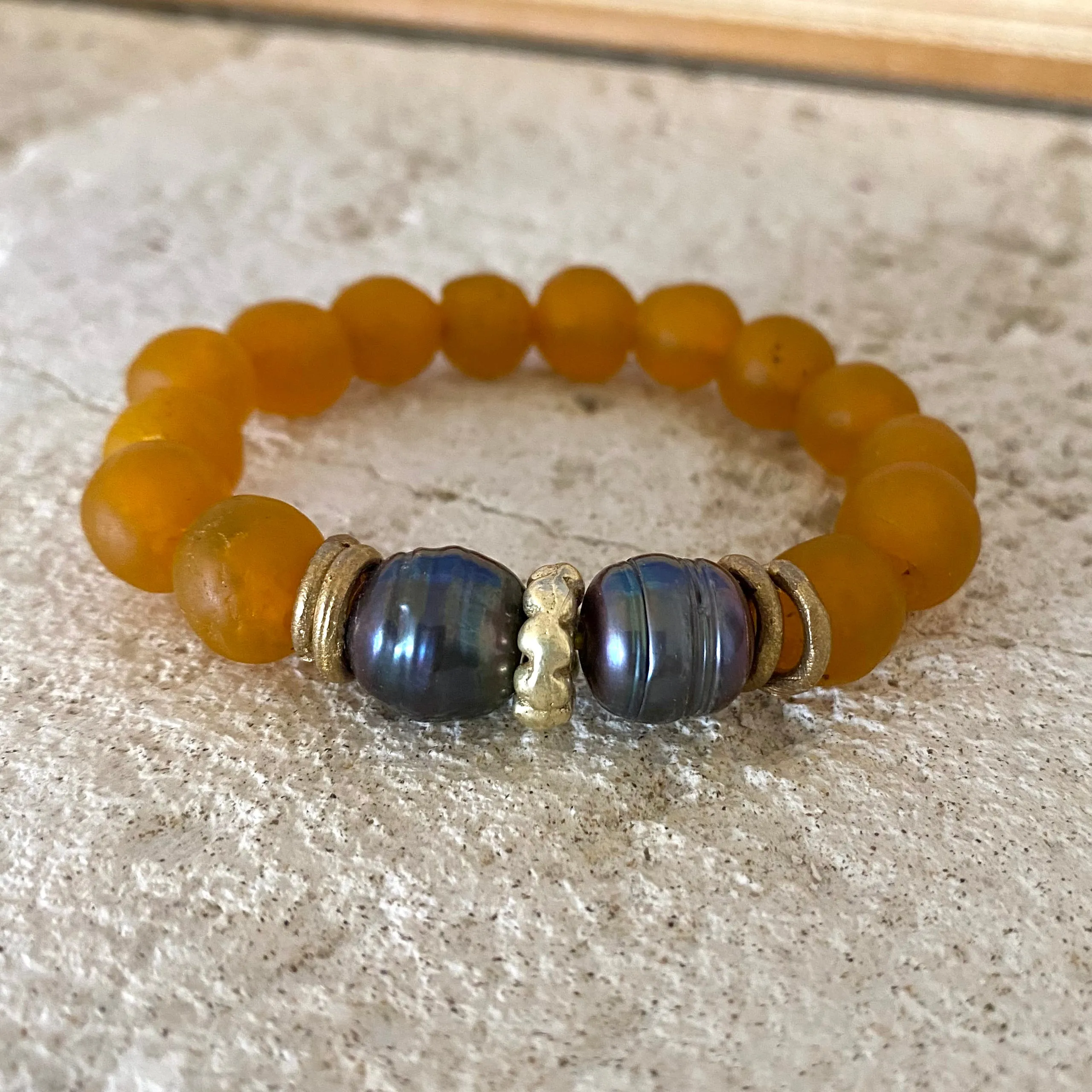 Black Pearl Bracelet, Tangerine African Tribal Recycled Glass, Sea Glass Beaded Chunky Bracelet