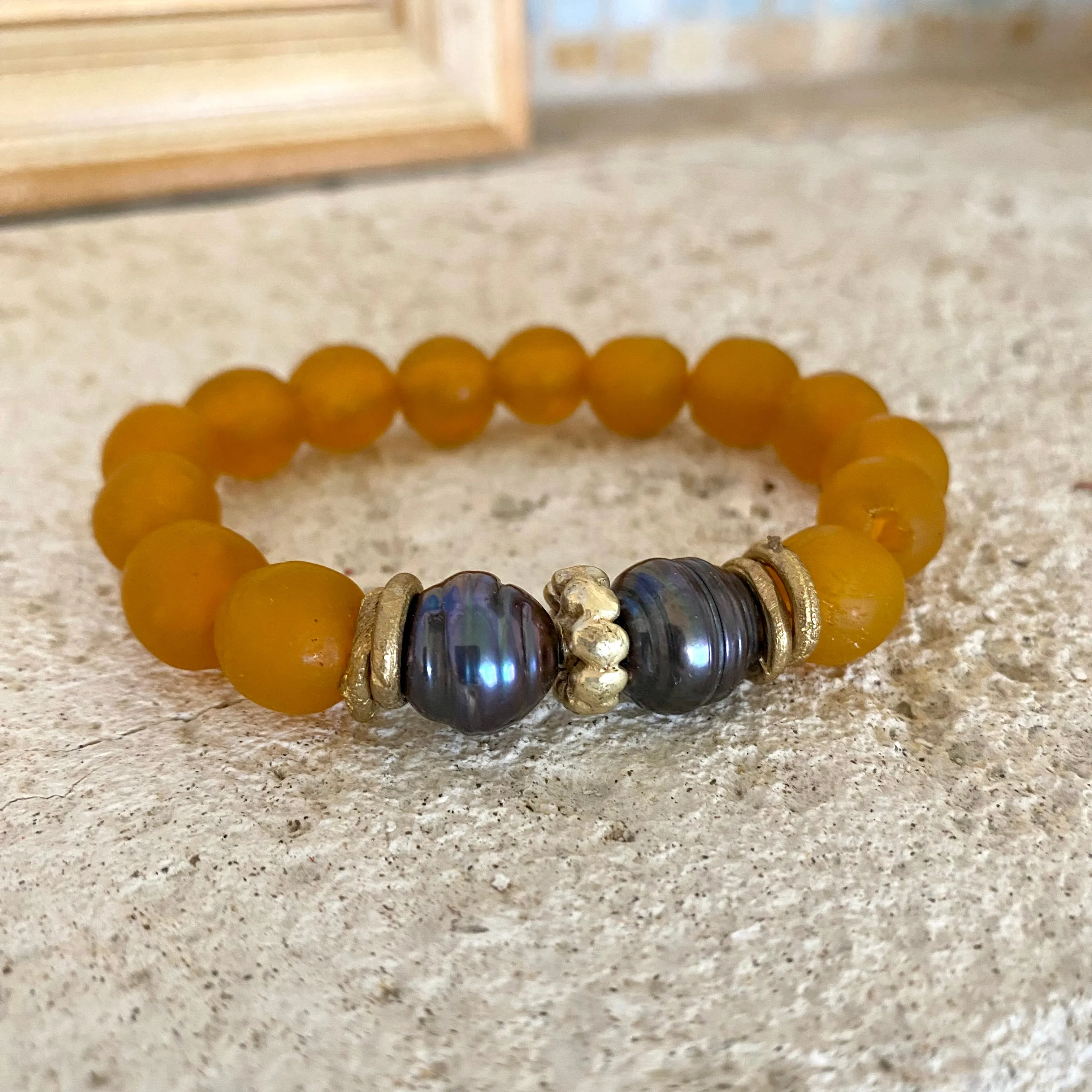 Black Pearl Bracelet, Tangerine African Tribal Recycled Glass, Sea Glass Beaded Chunky Bracelet