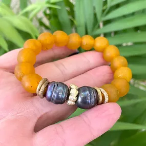 Black Pearl Bracelet, Tangerine African Tribal Recycled Glass, Sea Glass Beaded Chunky Bracelet