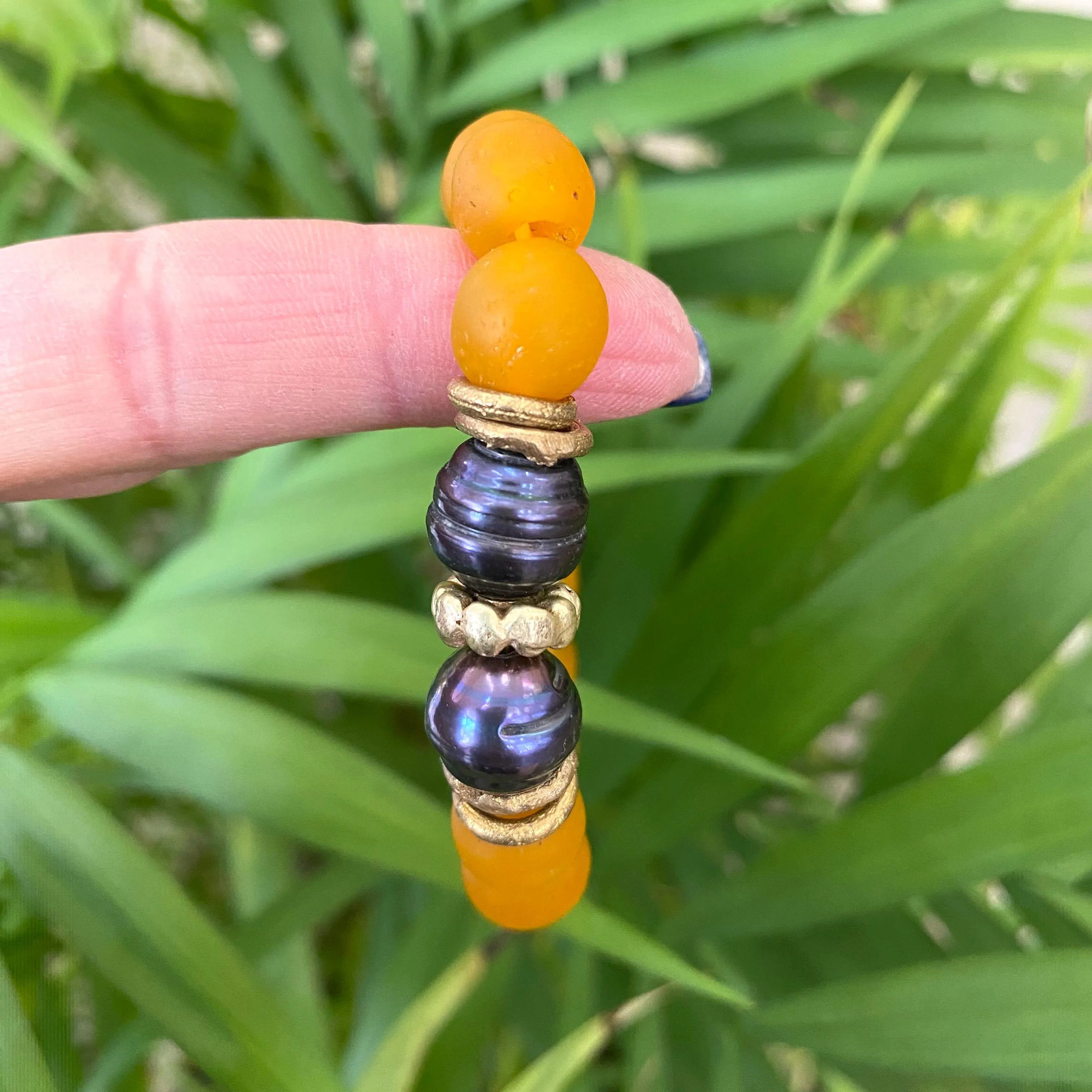 Black Pearl Bracelet, Tangerine African Tribal Recycled Glass, Sea Glass Beaded Chunky Bracelet