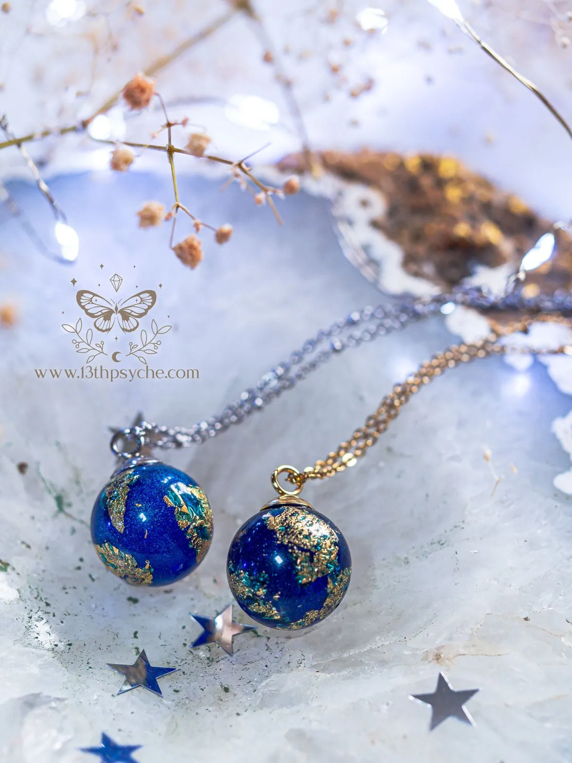 Blue planet, earth inspired resin ball necklace