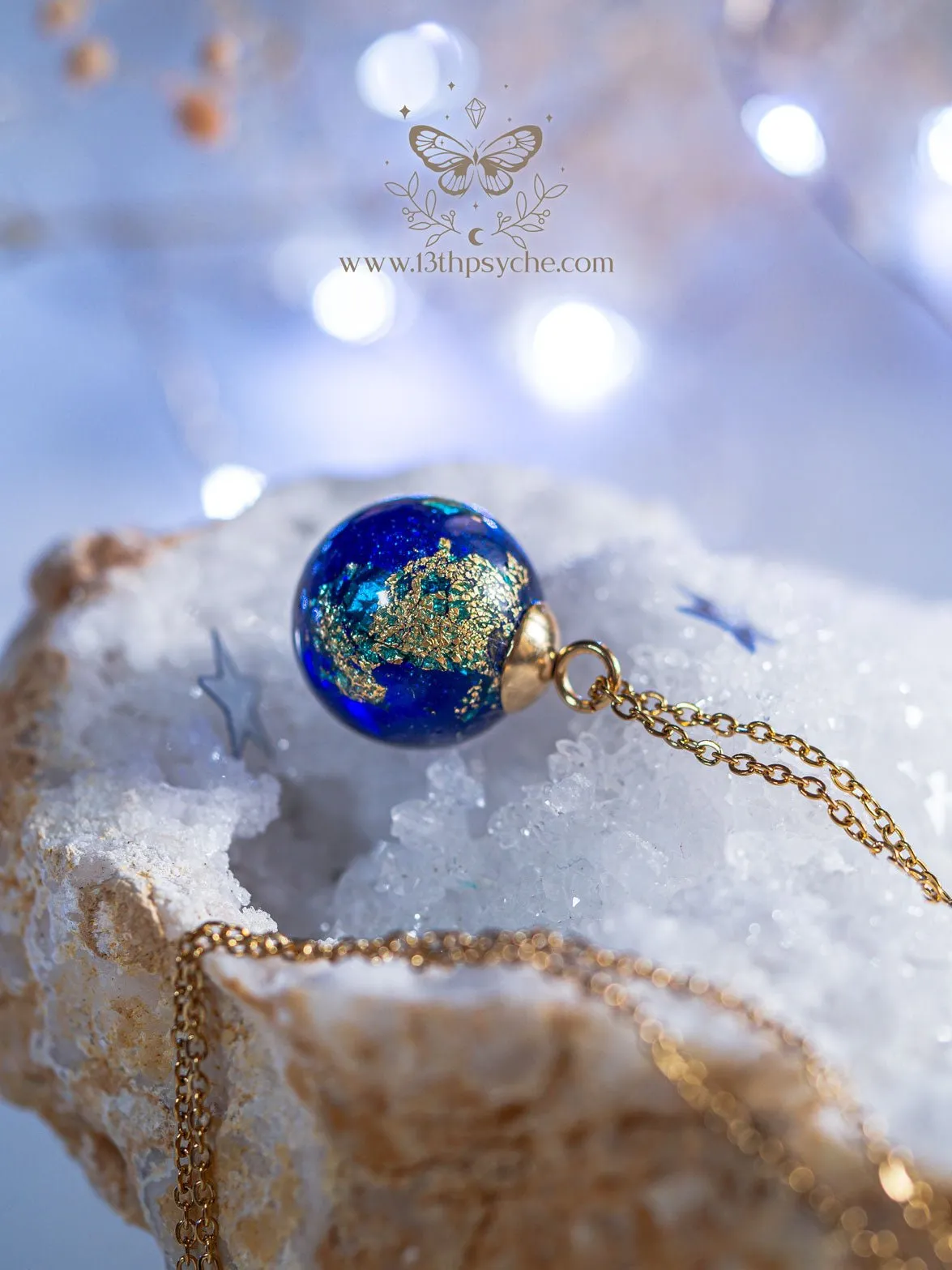 Blue planet, earth inspired resin ball necklace