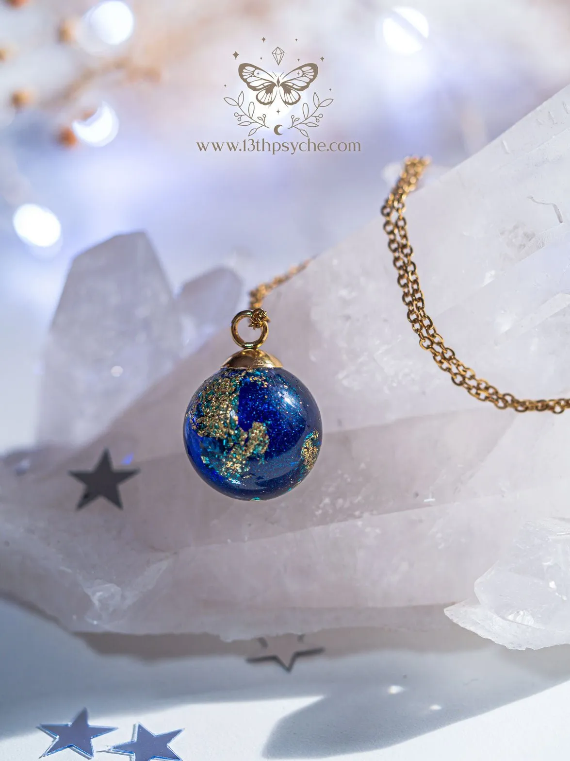 Blue planet, earth inspired resin ball necklace