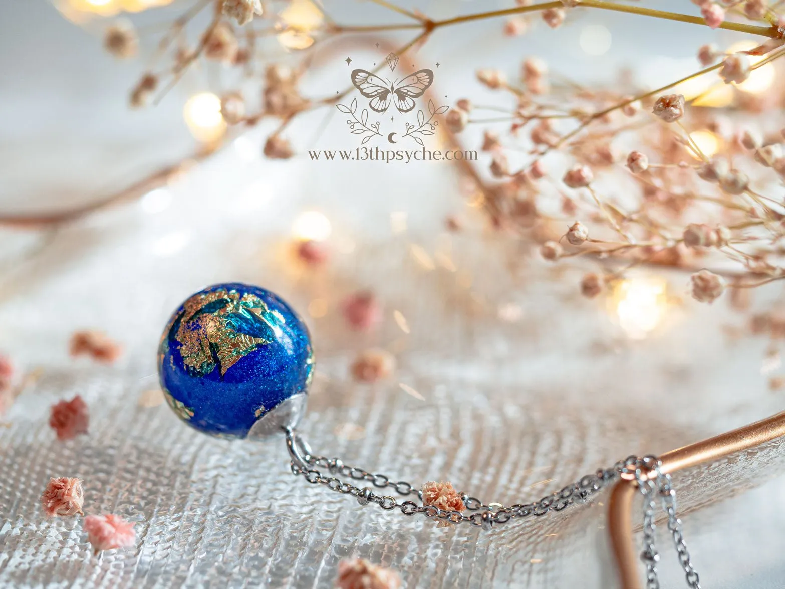 Blue planet, earth inspired resin ball necklace