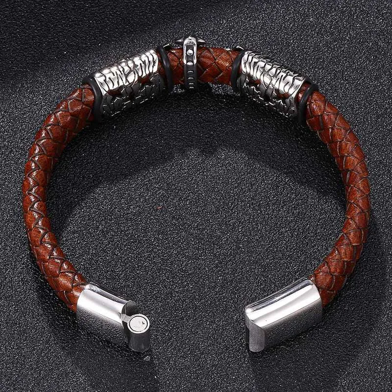 Brown Braided Leather Stainless Steel Cross Bracelet