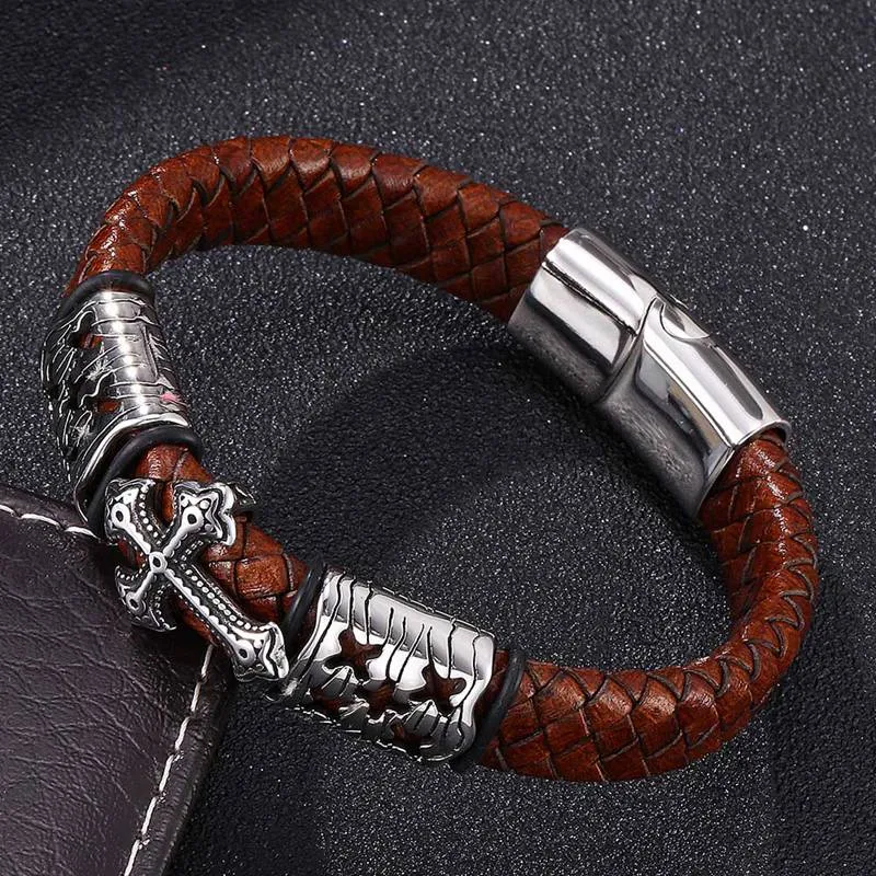 Brown Braided Leather Stainless Steel Cross Bracelet