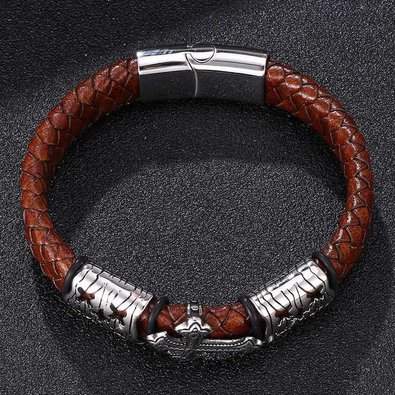 Brown Braided Leather Stainless Steel Cross Bracelet