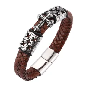 Brown Braided Leather Stainless Steel Cross Bracelet