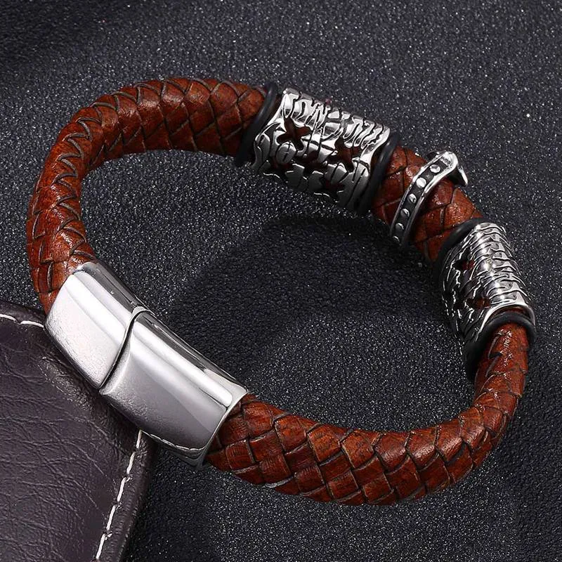 Brown Braided Leather Stainless Steel Cross Bracelet