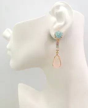 Carved Flower Amazonite Studs with Amethyst, Blue Topaz, White Topaz carved Rose Quartz Dangle Twinset Earrings