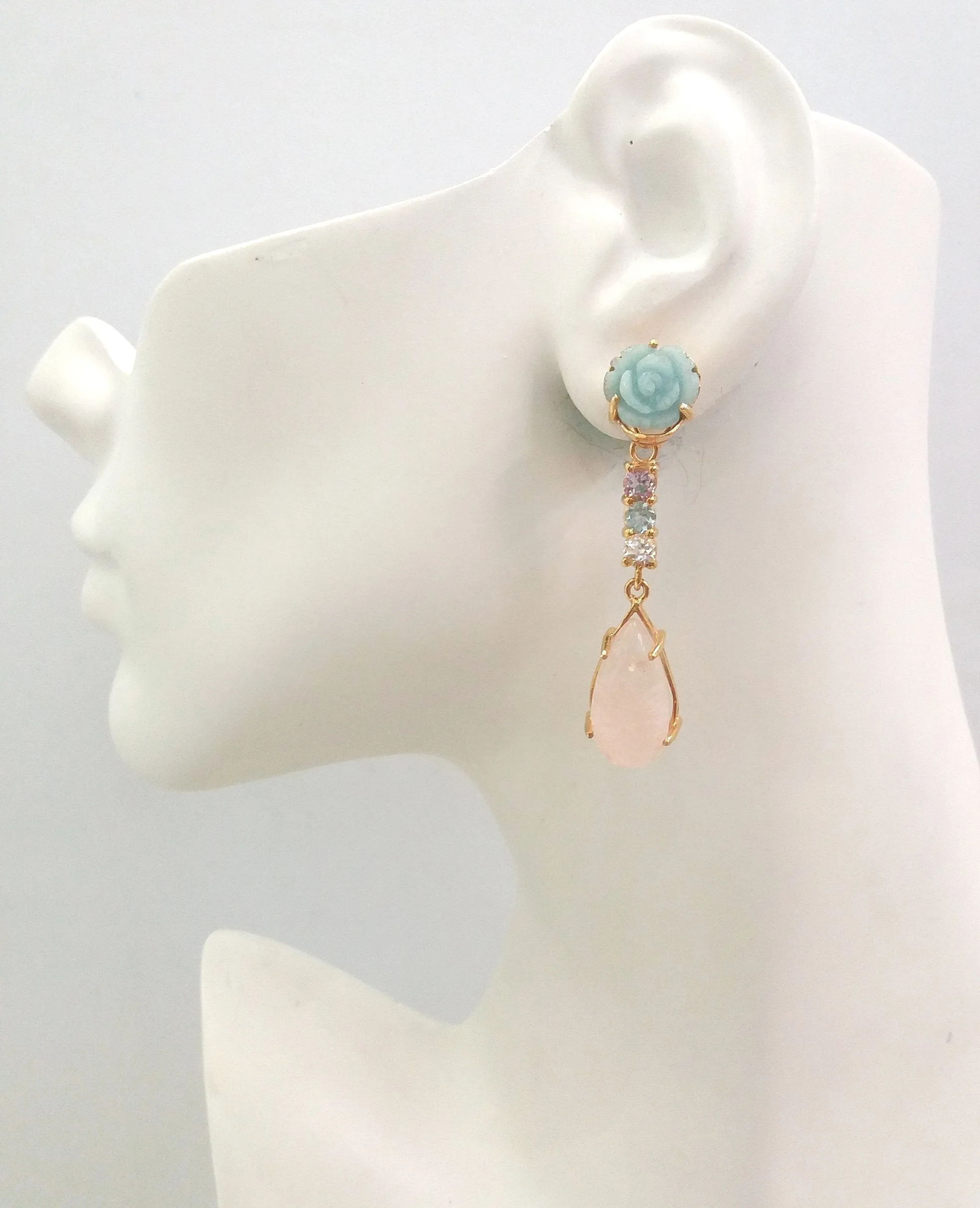 Carved Flower Amazonite Studs with Amethyst, Blue Topaz, White Topaz carved Rose Quartz Dangle Twinset Earrings