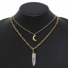 Crecent Moon And Crystal Rock Pendant Layered Chain Necklace