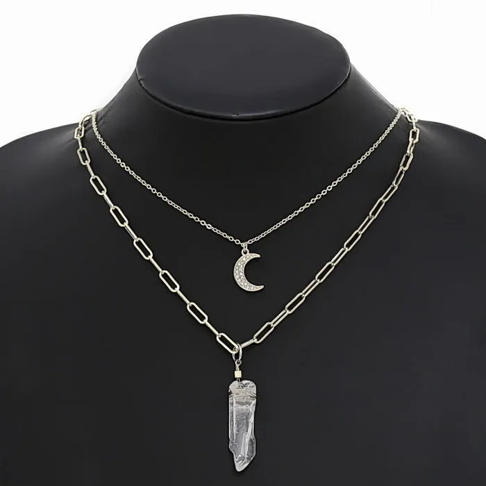 Crecent Moon And Crystal Rock Pendant Layered Chain Necklace