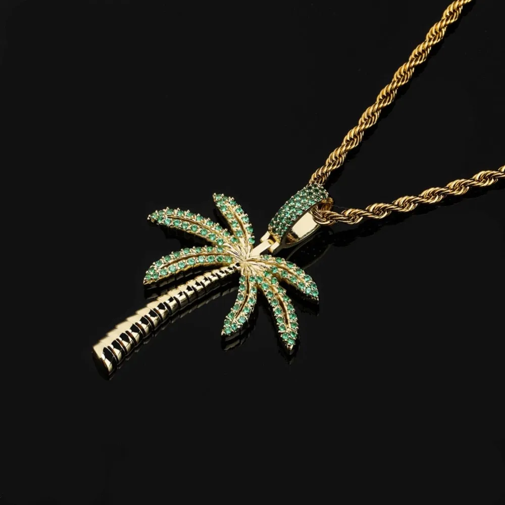 Cubic Zirconia Gold/Silver-Plated Coconut Tree Hip-Hop Pendant Necklace