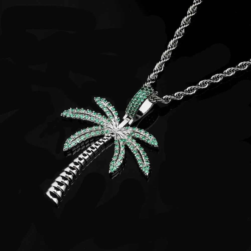 Cubic Zirconia Gold/Silver-Plated Coconut Tree Hip-Hop Pendant Necklace