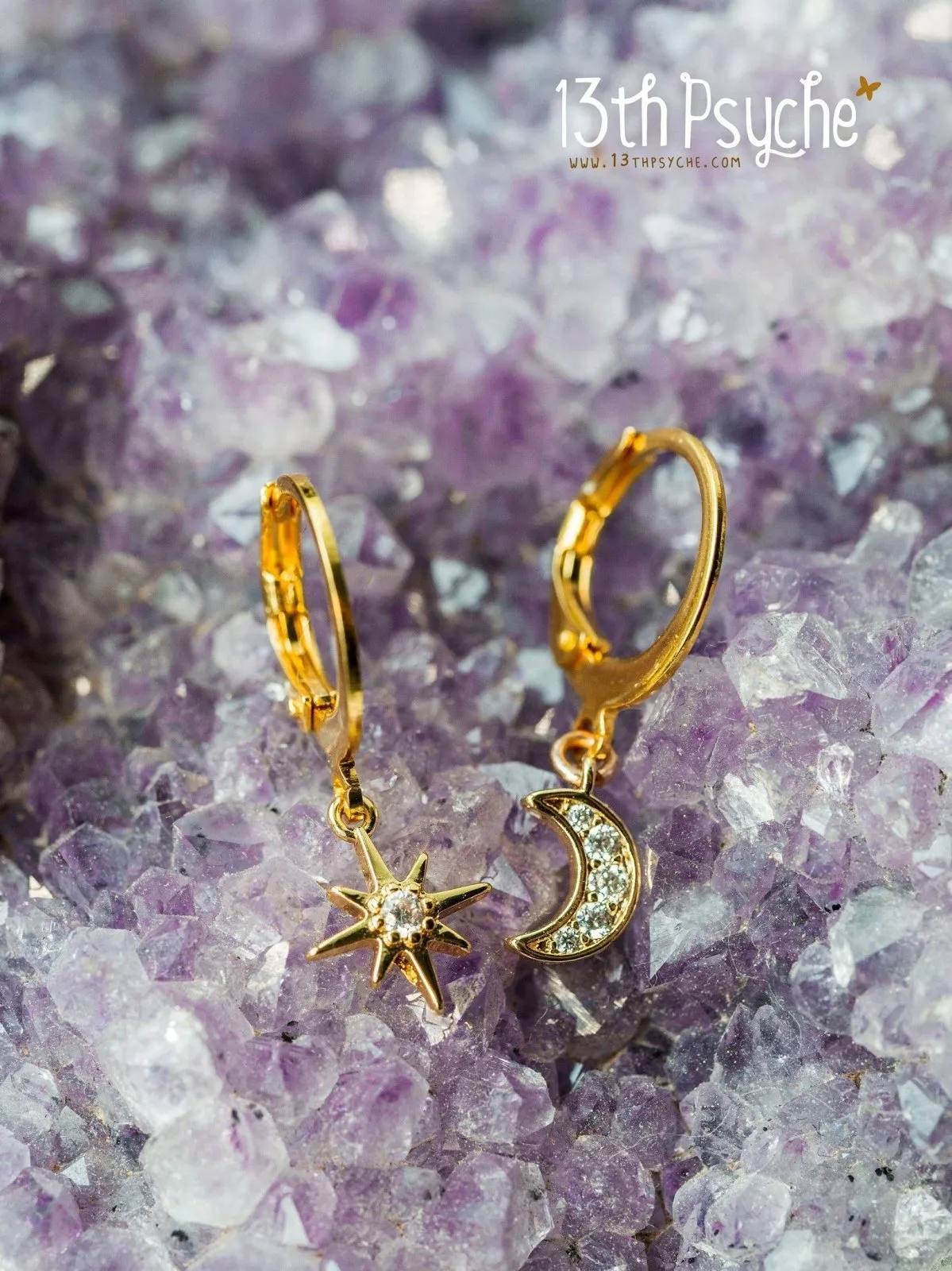 Cubic Zirconia moon and star gold huggie hoop earrings