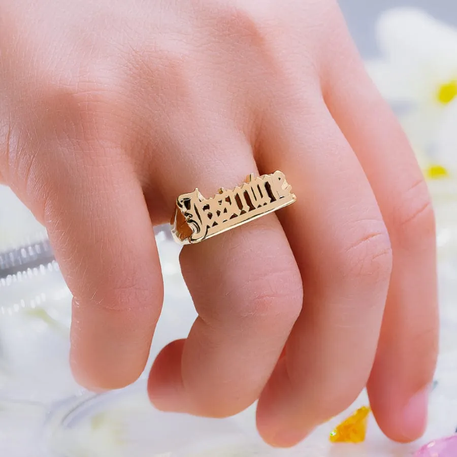 Custom Name Ring with Old English Lettering Denise