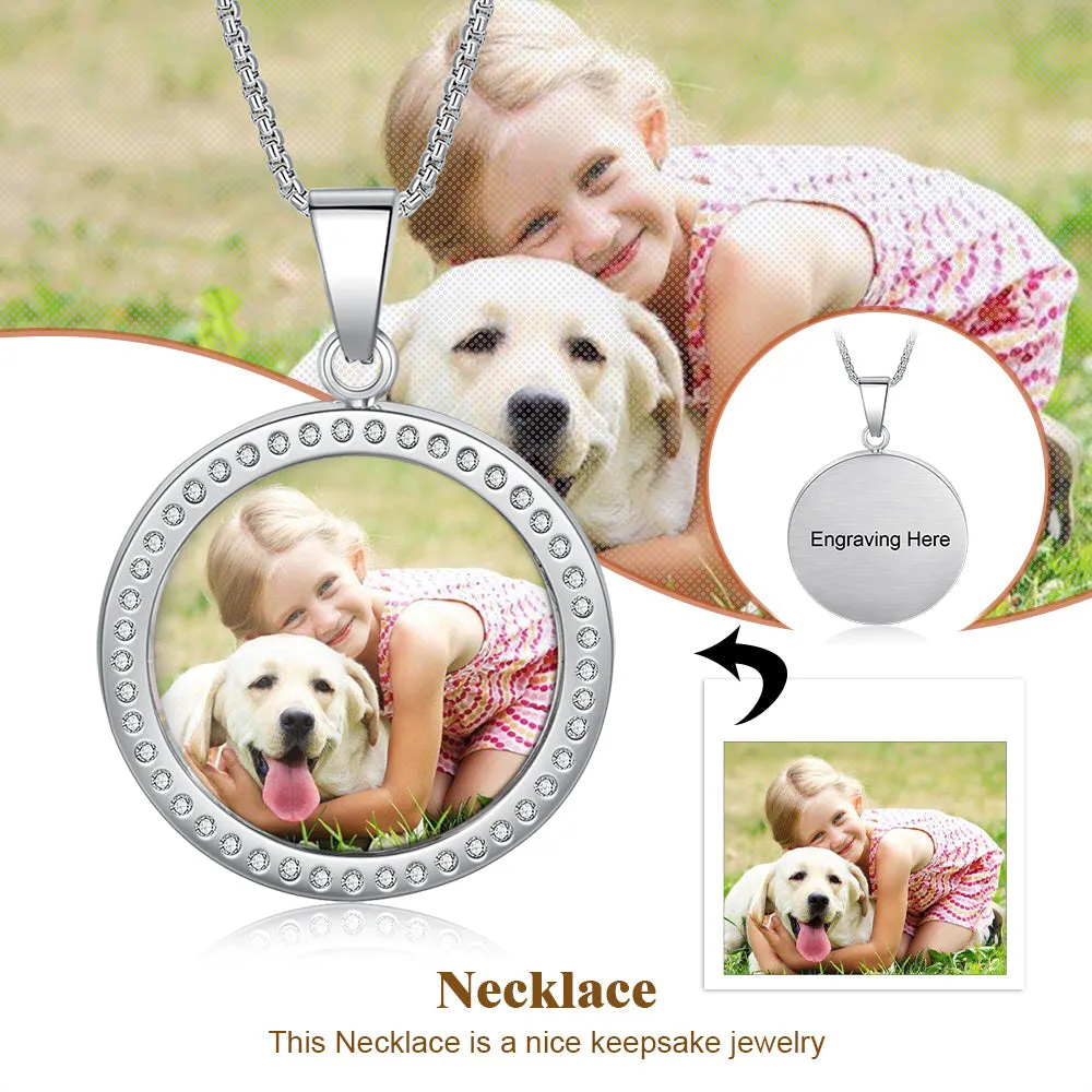 Custom Round Photo Necklace - Rhodium Plated Necklace With Rhinestone