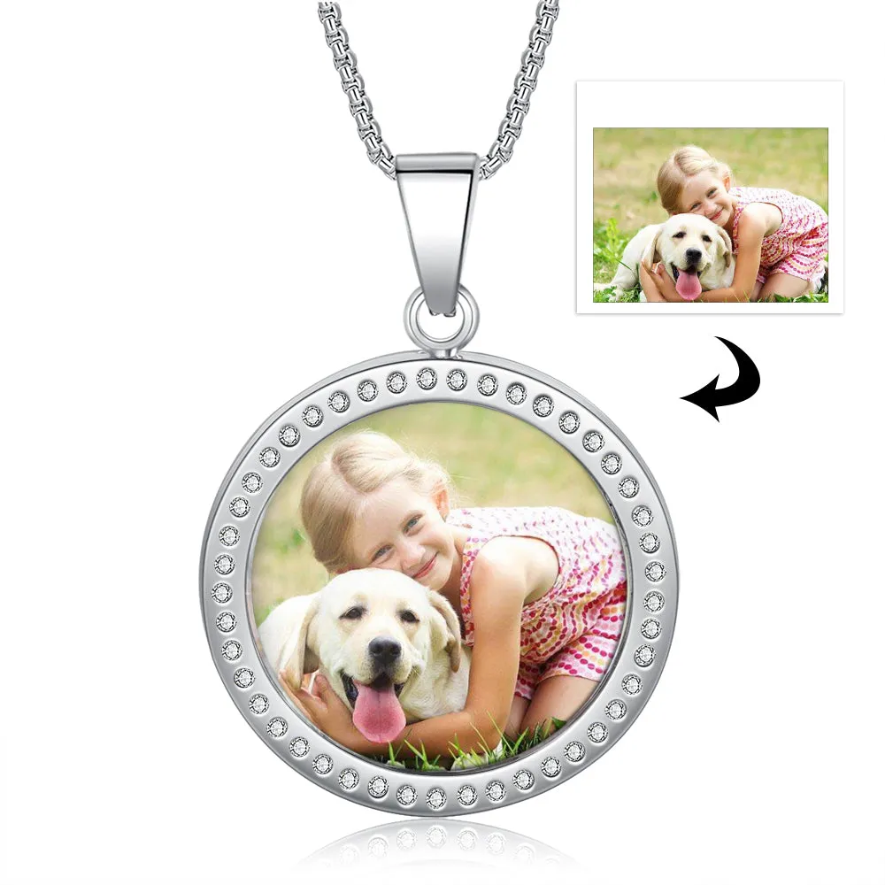 Custom Round Photo Necklace - Rhodium Plated Necklace With Rhinestone