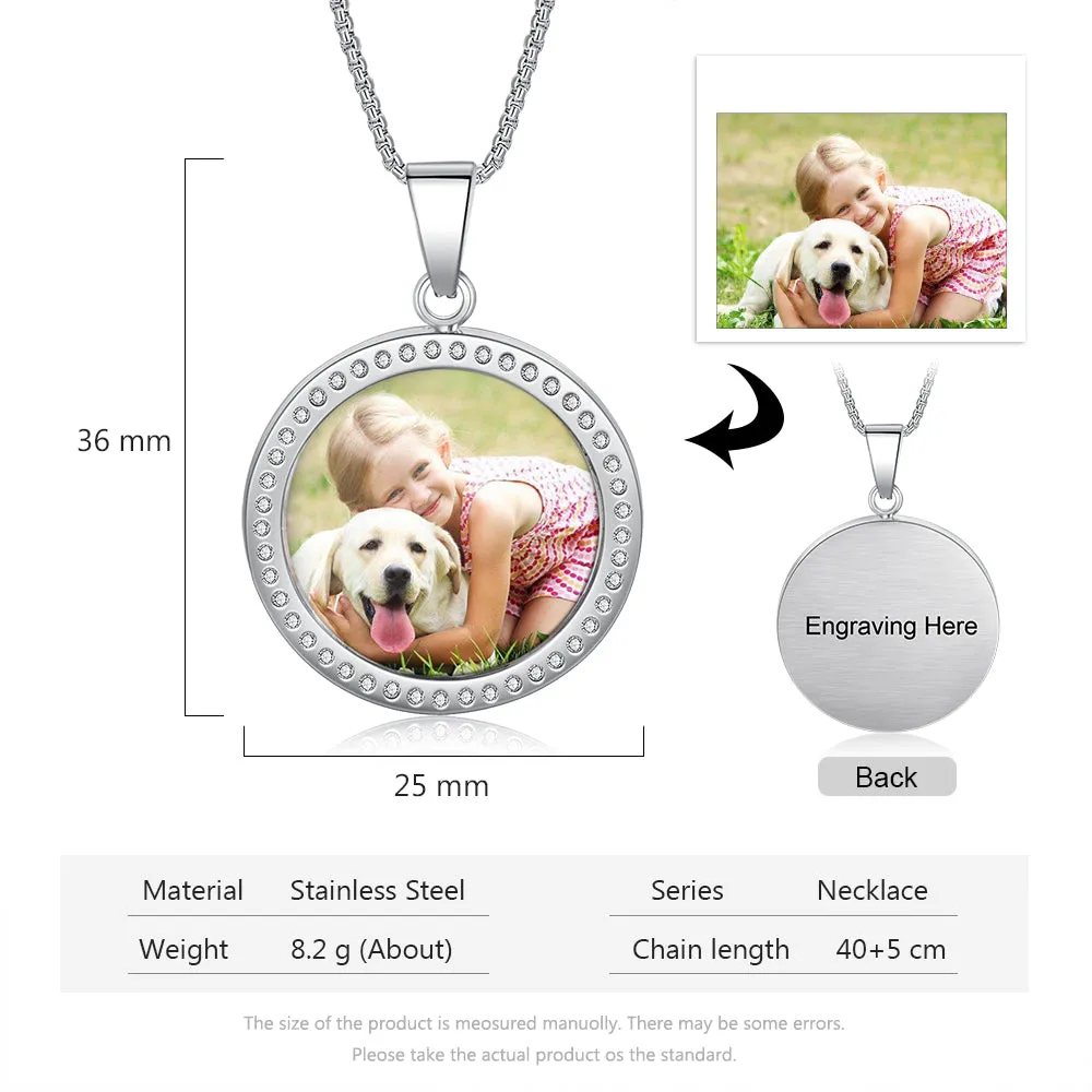 Custom Round Photo Necklace - Rhodium Plated Necklace With Rhinestone