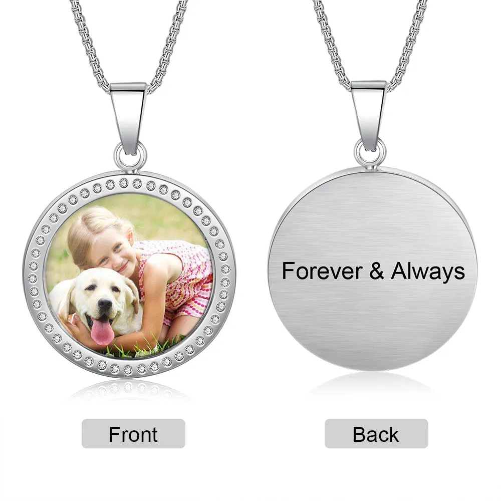 Custom Round Photo Necklace - Rhodium Plated Necklace With Rhinestone