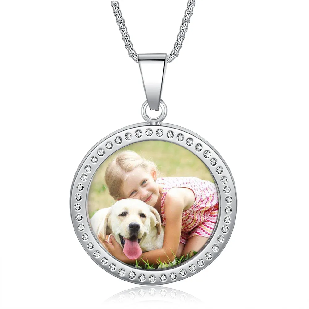 Custom Round Photo Necklace - Rhodium Plated Necklace With Rhinestone