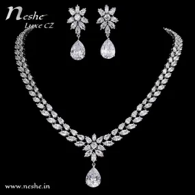 CZ Flowers Tear Drop Earrings Necklace Jewelry Set