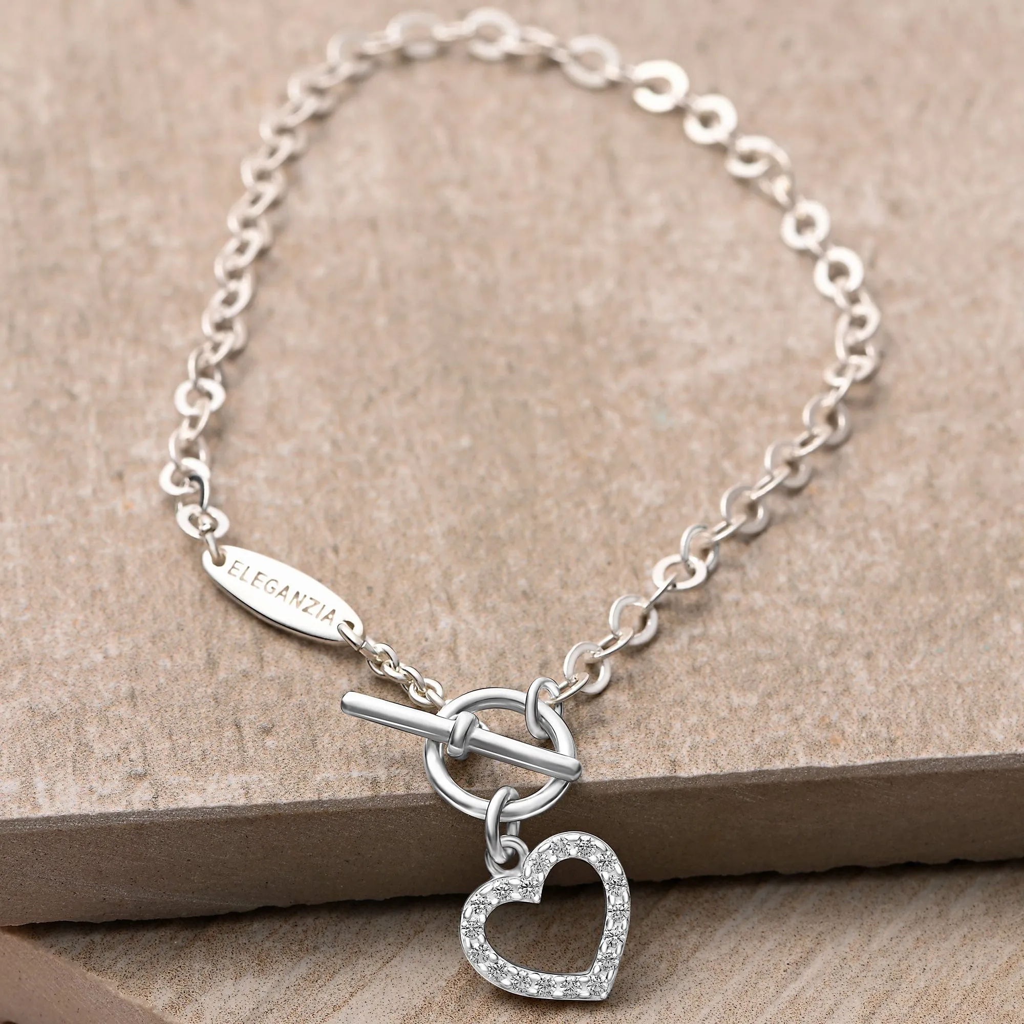 CZ Open Heart Bracelet in T-Bar Silver Chain