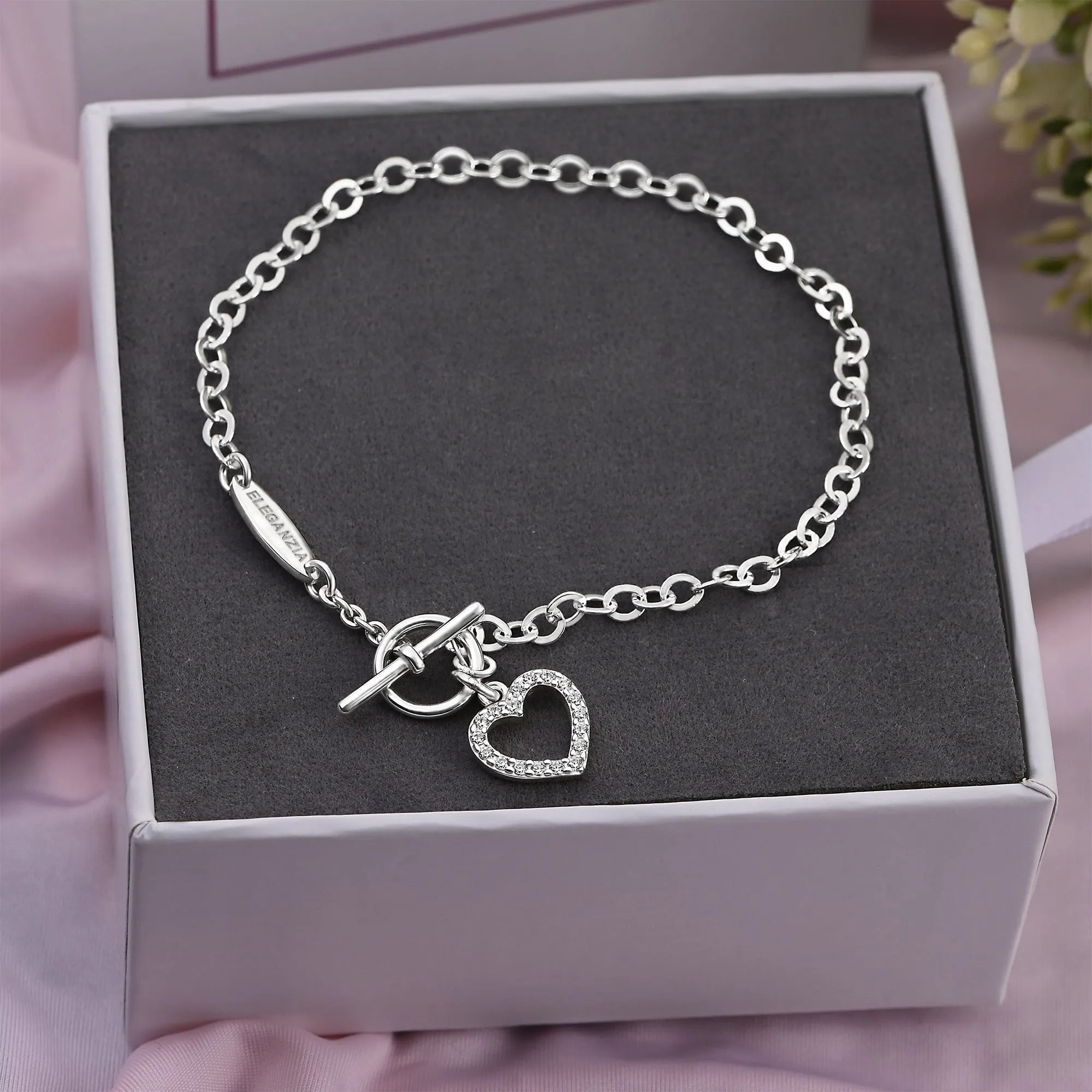 CZ Open Heart Bracelet in T-Bar Silver Chain