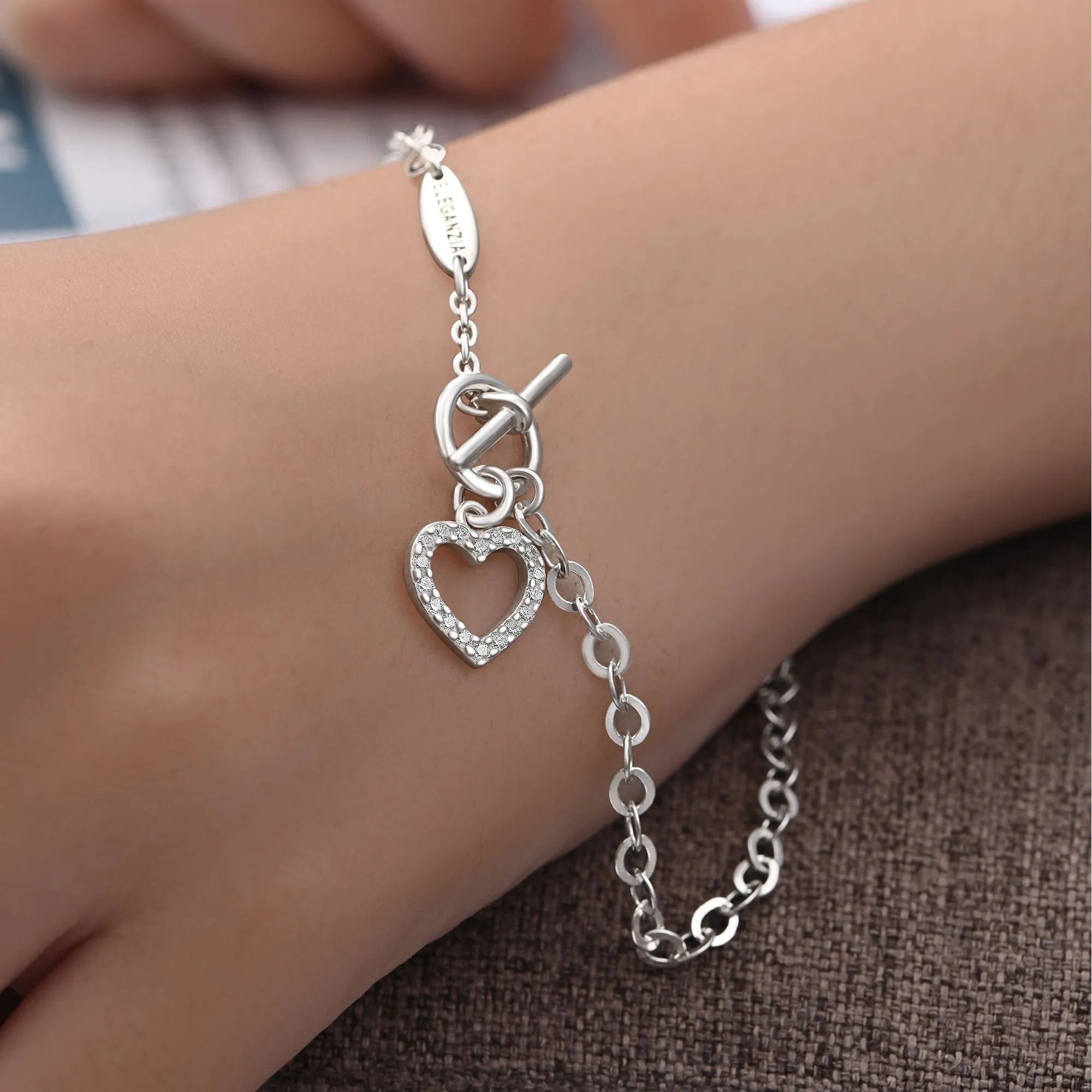 CZ Open Heart Bracelet in T-Bar Silver Chain