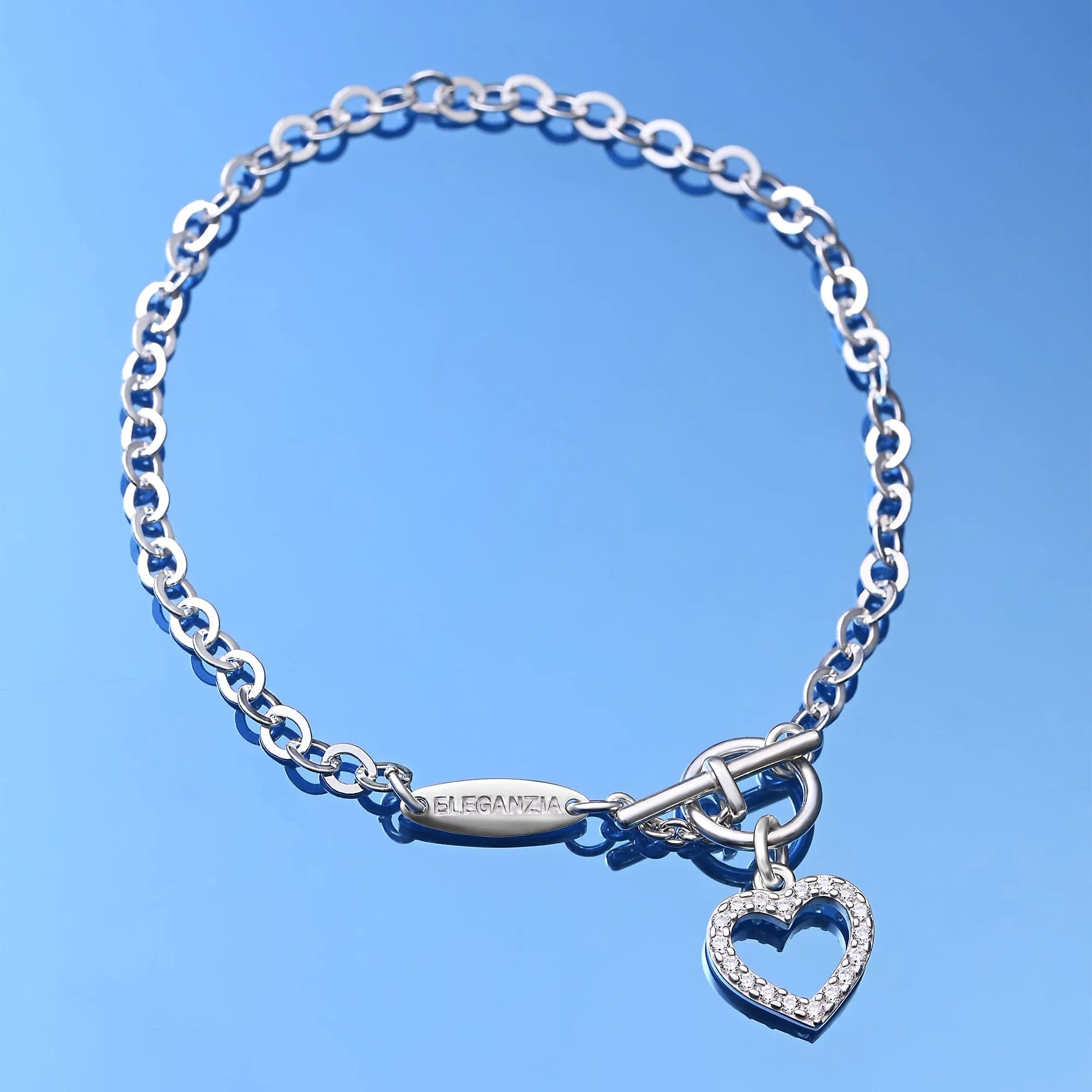 CZ Open Heart Bracelet in T-Bar Silver Chain